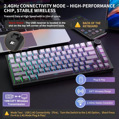 Vista 3 de FOPETT Teclado mecánico inalámbrico recargable retroiluminación ajustable tres modos con cable /2.4G/Bluetooth grabado lateral