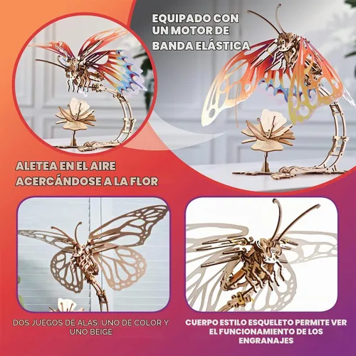 Vista 3 de Ugears Rompecabezas 3D de madera para adultos, kit de modelo mecánico de rompecabezas de mariposa, rompecabezas de madera 3D para adultos autómata