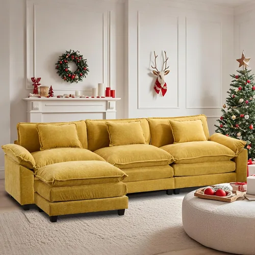 Vista 15 de Sofá Seccional, Sofá Modular Cloud con Otomana, Sofás Cama de Asiento Profundo con Almohadas Decorativas, Cómodo Sofá de Dos Plazas de Chenilla