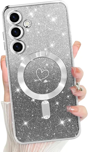 Vista 602 de Bonoma - Funda compatible con Samsung Galaxy S21 Plus, diseño de corazón con purpurina, color rosa Support for MagSafe, Plating Magnetic Case TPU