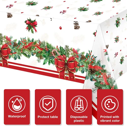 Vista 3 de Tiamon Manteles de plástico de 3 piezas, impermeables, desechables, rectangulares, fundas de mesa de Navidad para suministros de fiesta de Navidad
