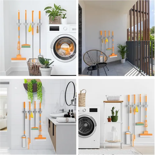 Vista 7 de Batur Soporte de pared para escoba, paquete de 4 soportes adhesivos para trapeador y escoba, soporte de pared, súper antideslizante, organizador