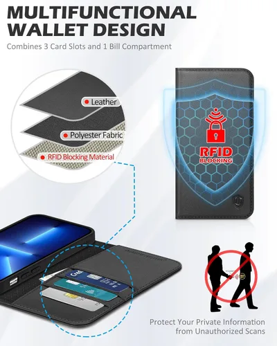 Vista 3 de SHIELDON - Funda tipo cartera de piel auténtica para iPhone 13 Mini de 5.4 pulgadas 2021, color negro Magnetic Closure, RFID Blocking, Credit Card