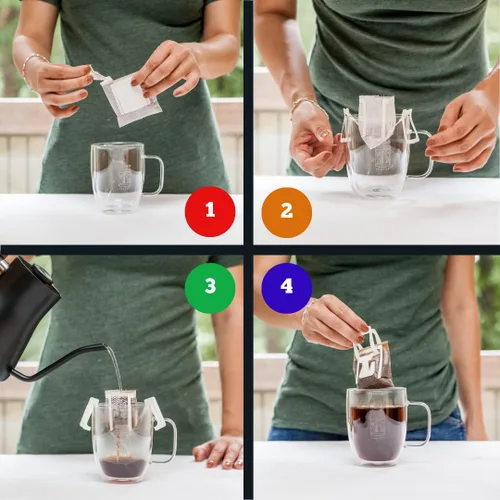 Vista 2 de TRIBO Café de una sola porción portátil para verter y goteo - Mezcla para Expedición - 10 porciones (Tostado Medio)