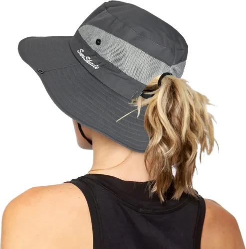 Vista 26 de Sombrero de pesca de playa de ala ancha para mujer, con protección UV, plegable, con agujero para cola de caballo