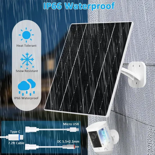 Vista 4 de FUTUREZEN Panel Solar para Cámara de Seguridad, Cargador Solar de 10W con DC 5.5x2.1mm, Puerto USB-C y Micro USB, Resistente al Agua IP66, Montura