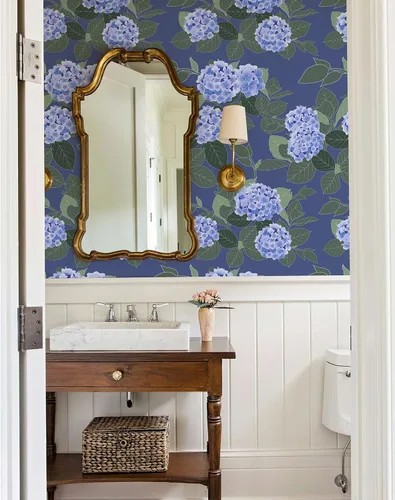 Vista 5 de Papel tapiz floral despegar y pegar autoadhesivo de hortensias, papel de pared estilo campo francés color crema, papel tapiz adhesivo