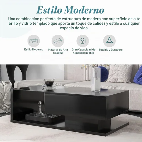 Vista 5 de LUMISOL - Mesa de centro moderna con cajón de almacenamiento para sala de estar, color negro Mesa central de alto brillo con vidrio templado, mesa