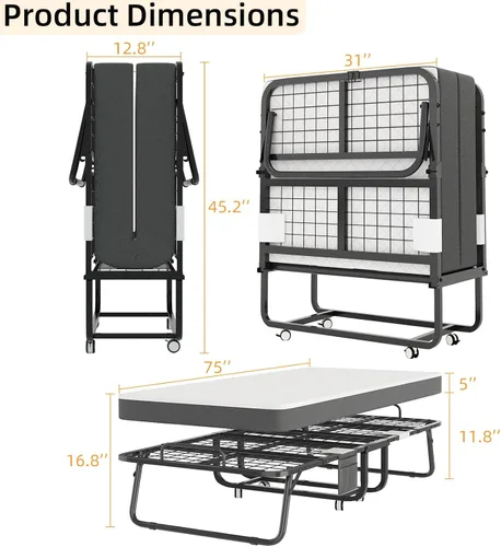 Vista 8 de VERMESS Cama plegable con colchón de espuma viscoelástica de 5 pulgadas, cama plegable de 75 x 32 pulgadas con marco de metal resistente sobre
