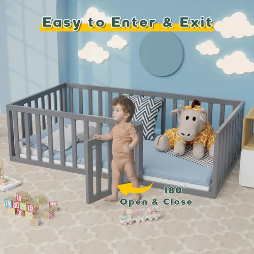 Vista 6 de Zevemomo Cama de suelo tamaño individual para niños y niños, cama de piso Montessori individual con barandillas de seguridad y puerta, cama de piso