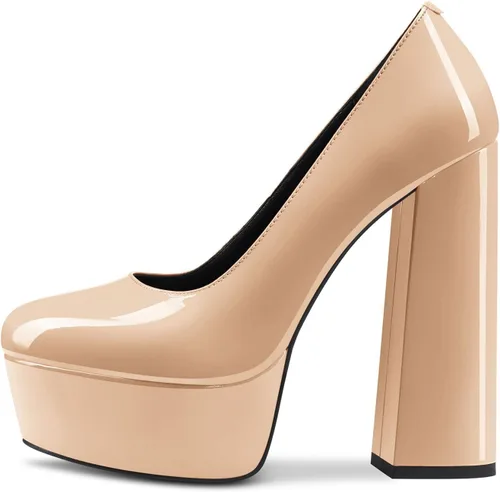 Vista 34 de TNYNFBEB Zapatos de tacón de plataforma alta para mujer, con puntera redonda, sin cordones, básicas, clásicas, de 5.5 pulgadas