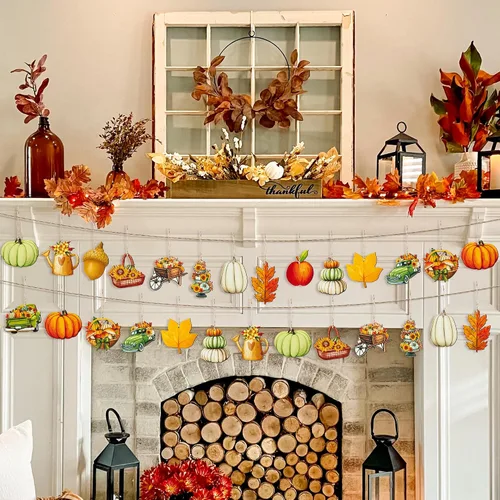 Vista 5 de Haooryx Adorno colgante de madera de acuarela de otoño, 46 piezas de calabaza de otoño, hojas de arce, flores de madera, colgante decorativo