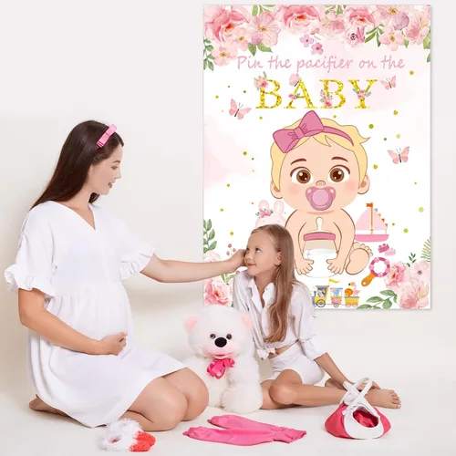 Vista 4 de Juego Pon el Chupete al Bebé Rosa Juego de Baby Shower Decoraciones para Fiesta Incluye Póster Grande 30 Pegatinas de Chupete Juego para Baby