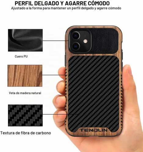 Vista 3 de TENDLIN Compatible con iPhone 11 Funda de grano de madera con textura de fibra de carbono, diseño híbrido de cuero, color negro