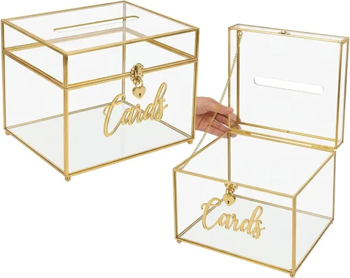 Vista 7 de Caja de tarjetas de boda con cierre de corazón, caja de tarjetas de vidrio de metal grande con marco dorado para recepción de fiestas, bodas, baby