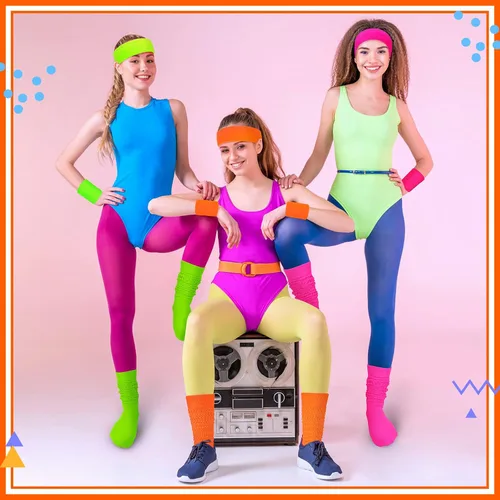 Vista 7 de 80s Neon Costumes Accessories Set Slouch Socks Sweatband Headband Wristband Neon Workout Outfit for Women Girl Cosplay Party