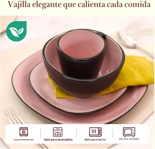 Vista 5 de juego de vajilla de cerámica de 16 piezas en forma cuadrada, interior rosa brillante + exterior negro mate