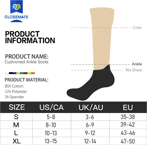 Vista 6 de Closemate Mens Sport Ankle Socks 6 Pairs Low Cut Cotton Cushioned Tab Non-Slip Breathable Athletic Running Socks