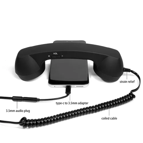 Vista 6 de Fumei Auricular de teléfono retro de 0.138 in reduce la radiación del teléfono celular Micrófono Altavoz Receptor de mano para teléfono Android Negro