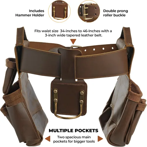 Vista 3 de Trailside - Cinturón de herramientas de cuero genuino para hombres, bolsa para martillos, carpinteros, electricistas, techos, construcción, súper