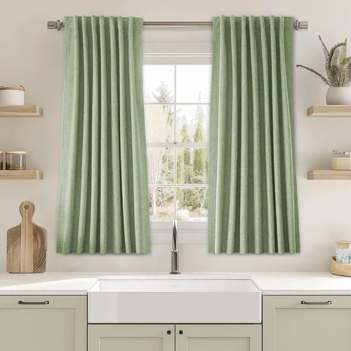 Vista 112 de UHITECH Cortinas cortas de lino de 24 pulgadas de largo para ventanas pequeñas de granja, cortinas opacas modernas para sala de estar, pestañas