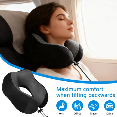 Vista 3 de Almohada de avión, almohada de cuello de viaje con espuma viscoelástica, hebilla ajustable y funda lavable a máquina para soporte de cuello