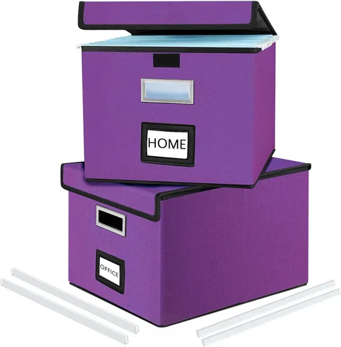 Vista 48 de Caja organizadora de archivos Huolewa con tapa, caja organizadora de carpetas de archivos colgantes de cuero sintético plegable con deslizadores