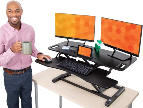 Vista 2 de Flexpro Hero - Escritorio de pie de 32 pulgadas, convertidor de escritorio de pie de 2 niveles con estante para teclado y elevador de monitor 81 cm