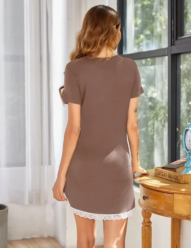 Vista 5 de Ekouaer - Camisón sexy para mujer, cuello en V, manga corta, encaje con ribete, suave, camisas cortas para dormir (tallas XCH - 3XG)