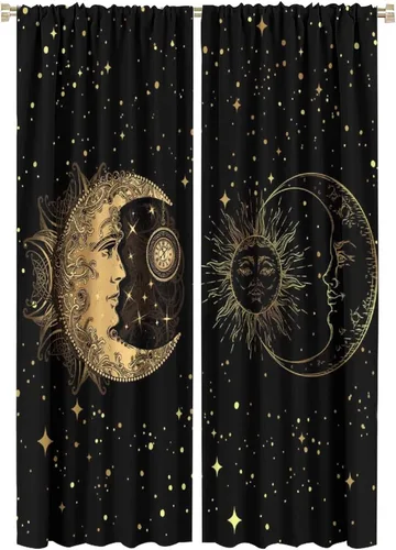 Vista 61 de Cortinas opacas con diseño de sol y luna, cuerpos celestes bohemios, con diseño de sol, luna y estrellas, para sala de estar, dormitorio, 42 x 45