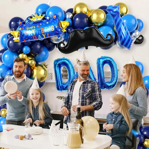 Vista 5 de Decoración del día del padre, arco de globos azul marino para el día del padre, kit de guirnalda de globos azules y dorados con corbata para barba