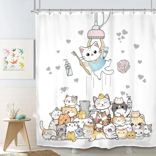 Vista 13 de SVBright Cortina de Ducha de Puesto Pequeño con Lindo Gato 36 pulgadas de ancho x 72 pulgadas de largo para Niños Casa Rodante Media Individual