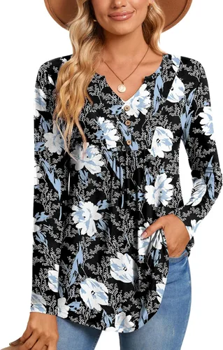 Vista 2 de CATHY Blusa tipo túnica de manga larga para mujer, cuello en V, con botones, informal, plisada, básica