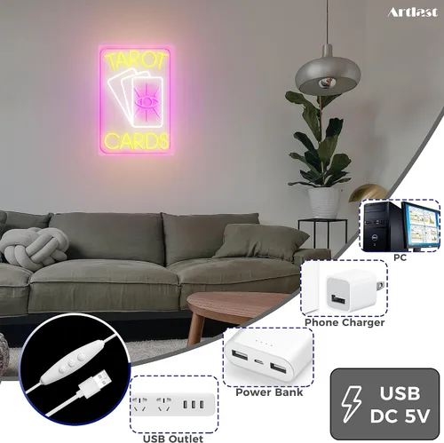 Vista 3 de Letrero de neón de cartas de tarot, luz LED rosa para decoración de pared de habitación, interruptor regulable, material acrílico, 10.24 x 14.88
