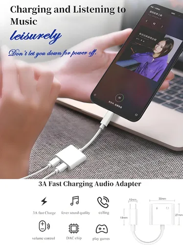 Vista 4 de [Certificado MFi de Apple] Paquete de 3 adaptadores de auriculares para iPhone, 2 en 1 Lightning a Dual Lightning Aux Dongle Cable Dongle