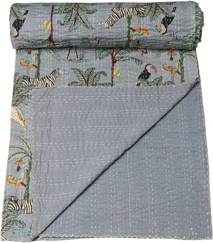 Vista 2 de Marubhumi Edredón tradicional indio de algodón puro con estampado de selva Kantha, funda de cama, colcha Kantha con estampado de animales, Gris
