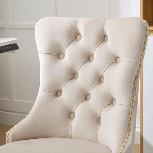 Vista 9 de Bonita silla de tocador beige con ruedas, silla de escritorio de oficina cómoda sin brazos de terciopelo para el hogar, silla giratoria