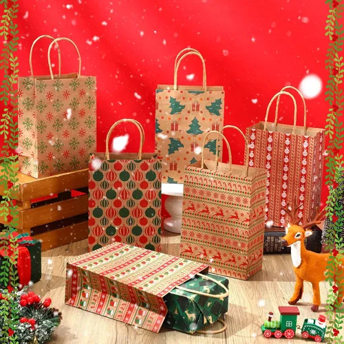 Vista 4 de Fulmoon Juego de 48 bolsas de regalo de papel kraft de Navidad a granel, bolsas de regalo de papel surtido con asa, vacaciones para regalos