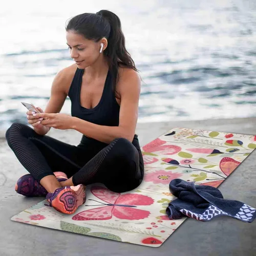 Vista 6 de Tapete de yoga con mariposas rosas para mujeres y hombres, 71 x 26 pulgadas, plegable, antideslizante, para pilates, aeróbicos, ejercicios de suelo