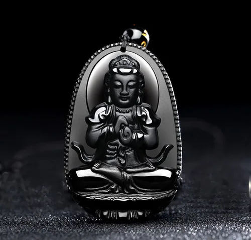 Vista 2 de Collar con dije de Buda. Collar con amuleto talismán Bodhisattva de Buda, de obsidiana., sin metal, 0580