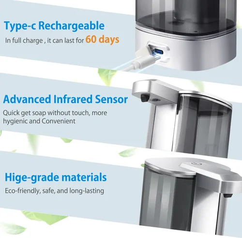 Vista 4 de Dispensador automático de jabón líquido, recargable, sin contacto, 17oz/500ml con 4 niveles de jabón ajustables, montaje en pared e impermeable