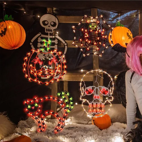 Vista 3 de LAMPHOME Decoraciones de Halloween – Silueta de ventana, linterna iluminada, telaraña, calavera, gato para fiesta, hogar, interior, adornos de mesa