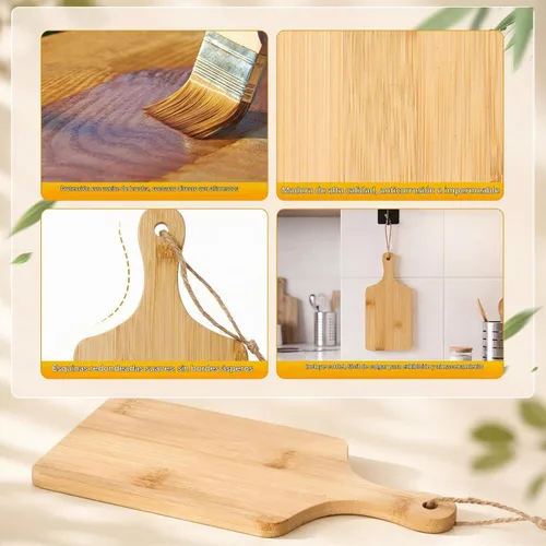 Vista 6 de Tanlade 100 tablas de cortar a granel de 9 x 4 pulgadas, tabla de cortar de bambú con mango de madera, tablón de charcutería grabado para servir