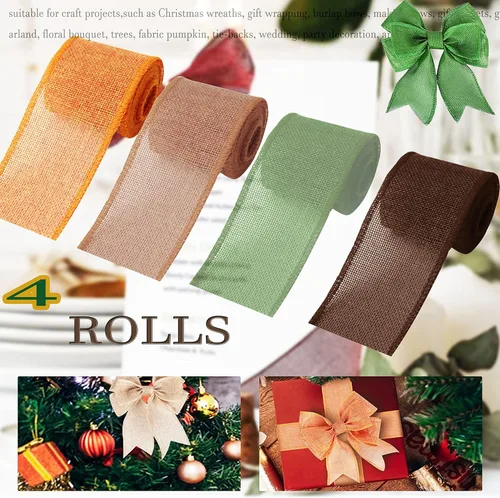 Vista 4 de Rollos de cinta de arpillera, cinta de arpillera natural, naranja, marrón, verde oliva, yute, para decoración de manualidades de Navidad, boda