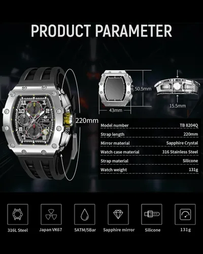 Vista 6 de TSAR BOMBA Mens Watches Luxury Tonneau Watches for Men Waterproof 50M Analog Replica Watch Chronograph Calendar Date Mens Dress Business Work Watch