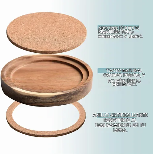 Vista 3 de Portavasos de madera de acacia para bebidas, 4.13 pulgadas, juego de 6, absorbentes y aislantes, apilables de corcho, posavasos rústicos para mesa