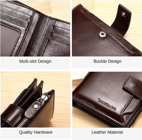 Vista 7 de JIUFENG Cartera de cuero genuino para hombre, con bloqueo RFID, plegable, con cremallera, organizador de tarjetas, recortador de dinero, Negro