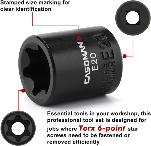 Vista 4 de CASOMAN 11PCS hembra Torx Socket Set, E Torx & Star Socket Set con riel, E4 - E20 Torque Sockets