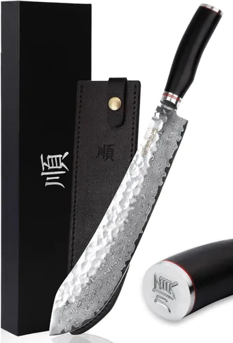 Vista 8 de YOUSUNLONG Cuchillo de carnicero de nariz de toro de 8 pulgadas, japonés de 67 capas, acero de damasco martillado con mango de madera de plomo