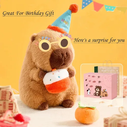 Vista 3 de Peluche de Capibara con Sombrero de Cumpleaños Azul y Lazo de 9 Pulgadas, Lindo Animal de Peluche Suave para Fiestas, Decoración de Fiesta, Juguetes